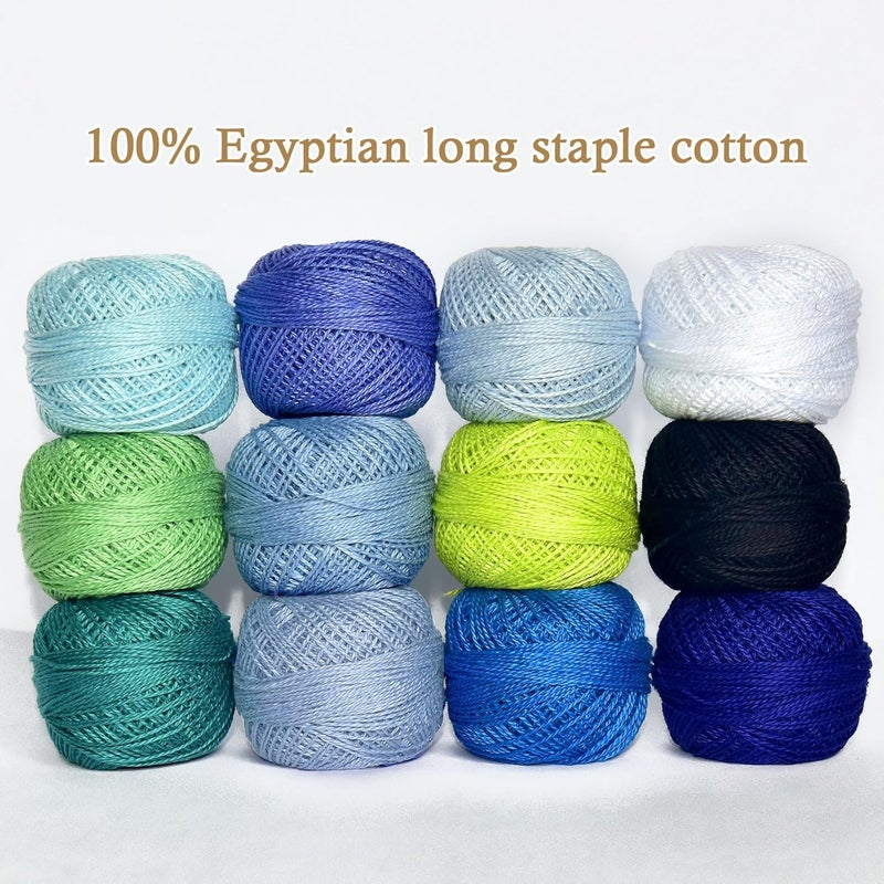 colored bird Double Mercerized Egyptian Long Staple Cotton Pearl Thread Ball 10 Grams Rainbow Color Embroidery Thread 12 Colors per Box for Crochet Hardanger Cross Stitch Hand Embroidery,Bluegreen Series - Image 2